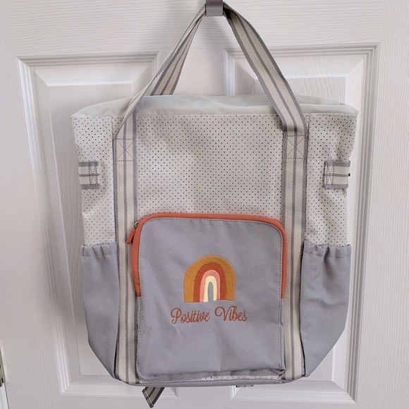 Day Away Backpack - Whisper Grey Colorblock with Boho Rainbow “Positive Vibes” - Picture 2 of 4